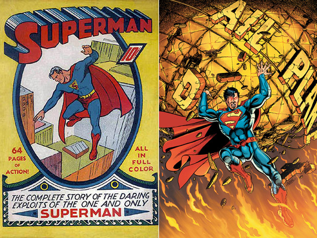 Capa da primeira revista do Superman, de junho de 1939, ao lado de ilustração que estampará a primeira página da nova HQ do herói, que será lançada em setembro nos EUA  (Foto: Reprodução e AP)