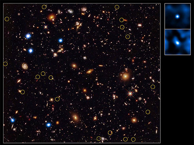 Composição de imagens feitas pelos telescópios Hubble e Chandra. Em destaque, as primeiras galáxias do Universo  (Foto: X-ray: NASA/CXC/U.Hawaii/E.Treister et al Infrared: NASA/STScI/UC Santa Cruz/G.Illingworth et al Optical: NASA/STScI/S.Beckwith et al )