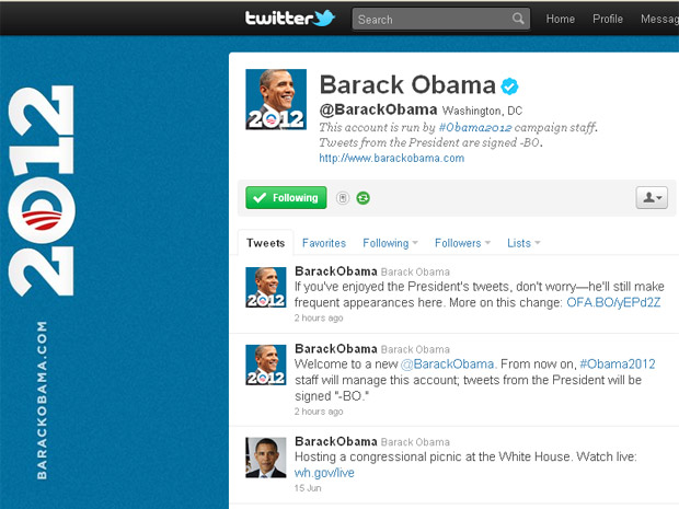 A conta de Obama no Twitter, a partir desta sexta usada pela campanha Obama 2012 (Foto: Reprodução)