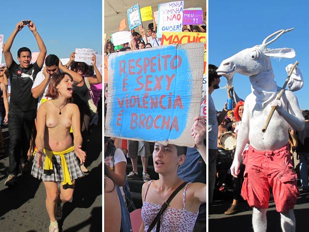 Manifestantes em vários momentos na edição de Brasília da Marcha das Vadias, realizada nesta sábado pelas ruas da capital do país (Foto: Jamila Tavares/G1)