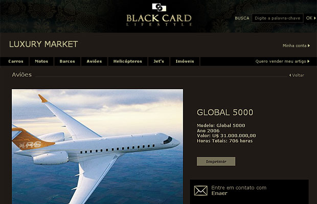Site Black Card vende produtos de luxo como avião de US$ 30 milhões (Foto: Reprodução)