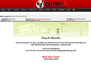 Blog do Planalto sofreu um ataque de pichação em fevereiro, conforme registro do site Zone-h (Foto: Reprodução)