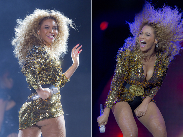 Beyoncé em momento da apresentação no festival Glastonbury neste domingo (26).  (Foto: AP)