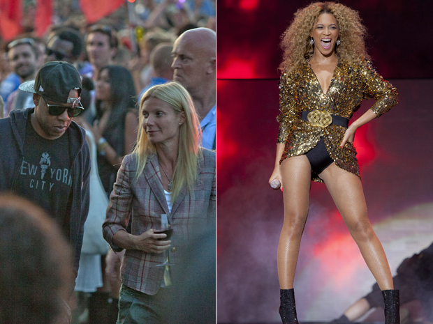 O rapper Jay-Z confere o show de Beyoncé ao lado da atriz Gwyneth Paltrow.  (Foto: AP)