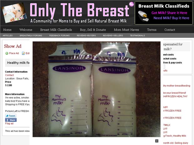Anúncio no site de compra e venda de leite materno oferece leite "fresco" ou "congelado" (Foto: Reprodução)