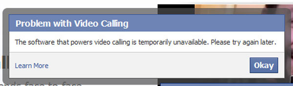 Mensagem avisa de problemas com o serviço de conversas por meio de vídeo do Facebook (Foto: Reprodução)