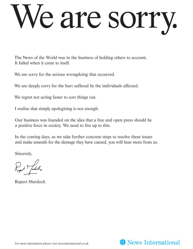 Reprodução do anúncio do pedido de desculpas de Rupert Murdoch (Foto: AP)