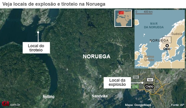 Mapa mostra locais de tiroteio e explosão na Noruega (Foto: Editoria de Arte / G1)