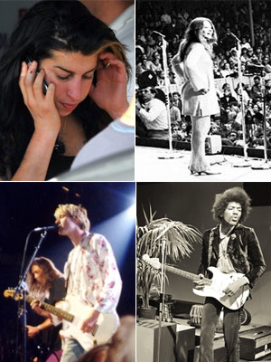 Amy Winehouse, Janis Joplin, Jimi Hendrix e Kurt Cobain, mortos aos 27 (Foto: Wikimedia/AFP)