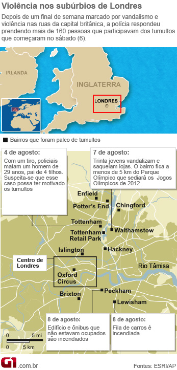 mapa tumultos londres (Foto: Editoria de Arte/G1)