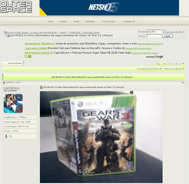Imagem de fórum mostrando caixa brasileira de 'Gears of War 3' (Foto: Reprodução)
