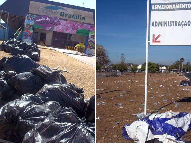 Lixo recolhido pelo Serviço de Limpeza Urbana na entrada do Pavilhão, no Parque de Brasília (esquerda), e gramado com lixo deixado por participantes da Marcha das Margaridas (Foto: Mariana Zoccoli/G1)
