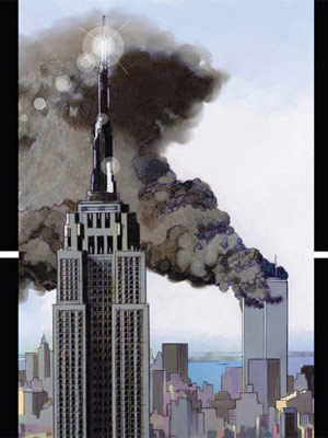 Trecho da adaptação do relatório da comissão do 11 de setembro para quadrinhos mostra as torres gêmeas em chamas (Foto: Reprodução)