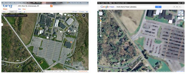 Combinação de imagens mostra mapa do laboratório atômico Knolls, disponível no site de buscas Bing (à esquerda) e imagens borradas do mesmo local na área de mapas do Google  (Foto: AP)