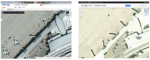 Mapas do aeroporto de Buffalo no Bing (à esquerda) e no Google (direita) revelam que informações foram apagadas para tornar dados mais sigilosos (Foto: AP)