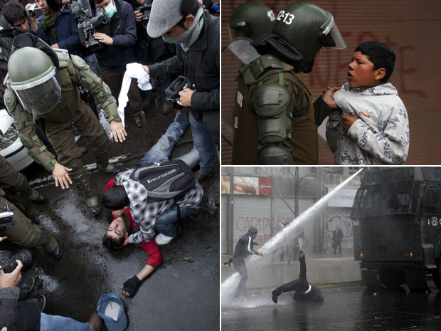 Conflitos com policiais resultaram em prisões e pessoas feridas nas ruas de Santiago (Foto: AP)