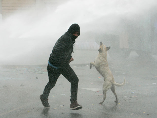 Manifestante e cão são atingidos por jatos d'água lançados pela polícia de choque durante protesto nesta quinta-feira (25) em Santiago do Chil (Foto: AP)