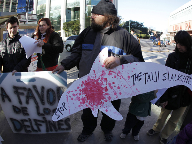 Ativista segura cartaz em Buenos Aires, capital da Argentina, contra matança de golfinhos no Japão (Foto: Enrique Marcarian/Reuters)
