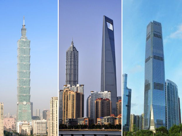 Da esquerda para a direita, o Taipei 101, em Taiwan, o Centro Financeiro Mundial Xangai, e o Centro Financeiro Ghangzou International, amos na China. Os três edifícios foram finalizados após a queda das Torres Gêmeas (Foto: AFP/Arquivo)