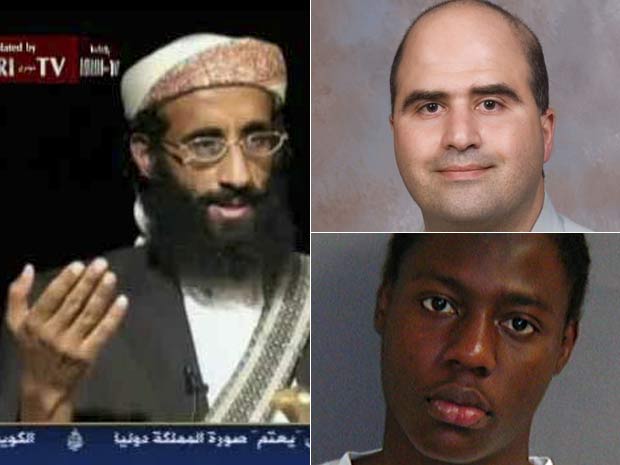 Anwar Al-Awlaki, principal líder americano na al-Qaeda (à esquerda), Nidal Malik Hasan, terrorista que realizou ataque em Fort Hood (à direita acima) e o nigeriano Umar Farouk Abdulmutallab, que tentou realizar atentado em um avião sob influência de Awlaki. (Foto: The New York Times)