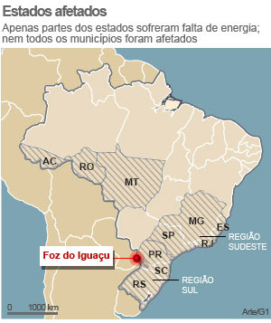 Falha no sistema de Itaipu provoca falta de energia em 10 estados (Foto: Editoria de Arte/G1)