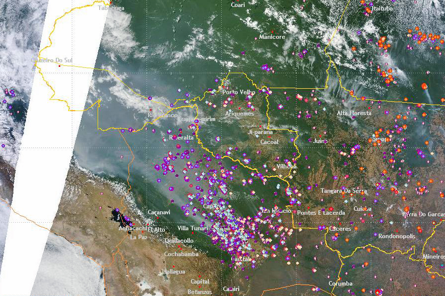 Fumaça proveniente de queimadas na Amazônia boliviana ruma para o estado do Acre (Foto: Inpe)