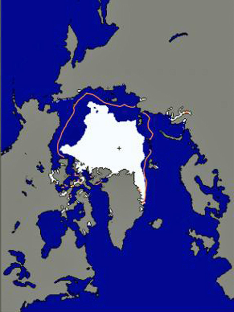 Imagem divulgada mostra como está a plataforma glacial no Ártico hoje comparando com linhas cinzas, que mostram a média do derretimento do gelo entre 1979 (Foto: NSIDC)