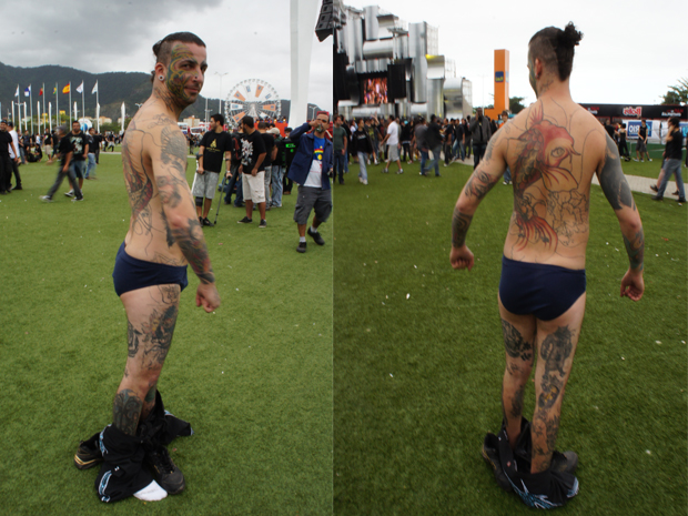 Eliton Frederico, 26 anos, tem 90% do corpo tatuado e está na Cidade do Rock para ver Motörhead e Metallica (Foto: Glauco Araújo/G1)