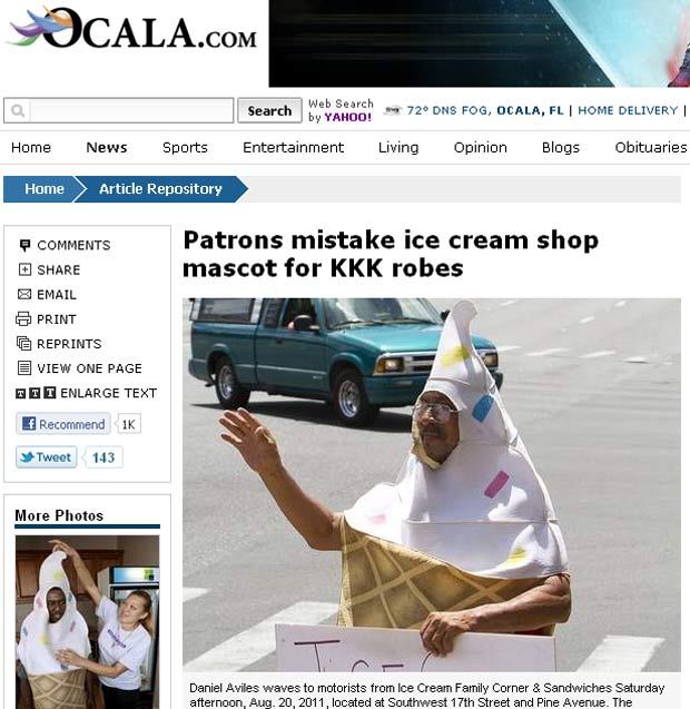 Traje usado por mascote de sorveteria criou polêmica em Ocala. (Foto: Reprodução)
