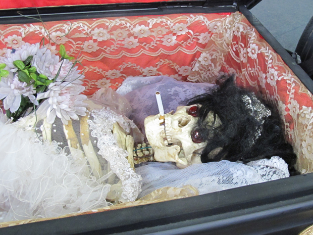 Esqueleto vai de "passageiro" no caixão (Foto: Rafael Miotto/ G1)