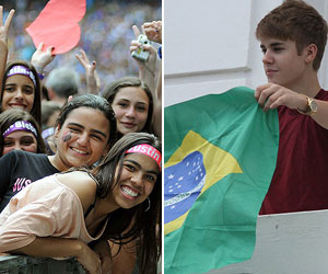 Justin Bieber aparece na sacada; fãs esperam show de logo mais (AGNews e Alexandre Durão/G1)