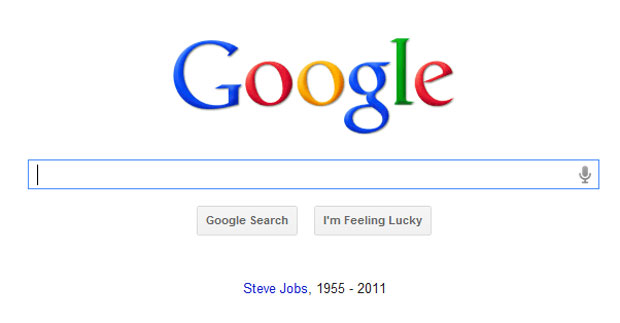Google faz homenagem minimalista a Steve Jobs, e coloca link para a página da Apple logo em sua homepage. Jobs morreu nesta quarta-feira (5) aos 56 anos, vítima de câncer. (Foto: Reprodução)