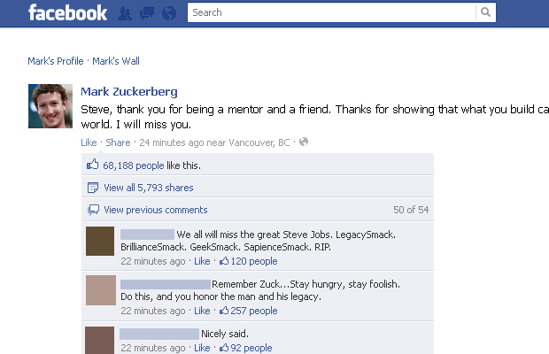Mark Zuckerberg publicou uma mensagem sobre Steve Jobs em seu perfil no Facebook (Foto: Reprodução)