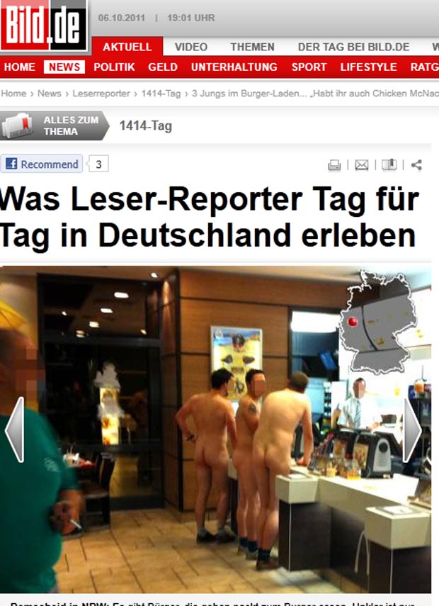 Homens foram flagrados nus em um restaurante fast-food na cidade de Remscheid. (Foto: Reprodução/Bild)