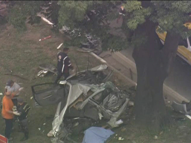 Carro fica destruído após bater em árvore (Foto: Reprodução/TV Globo)