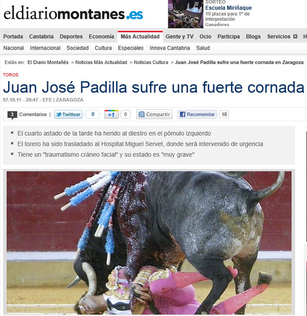Fotógrafo flagrou o momento em que Padilla sofreu o grave ferimento (Foto: Reprodução/El Diario Montanés)
