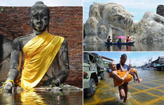 Estátuas do templo budista Chai Wattanaram, com mais de 400 anos e patrimônio mundial da Unesco, ficaram parcialmente submersas por conta de enchentes que atingem a região de Ayutthaya (Foto: AFP)