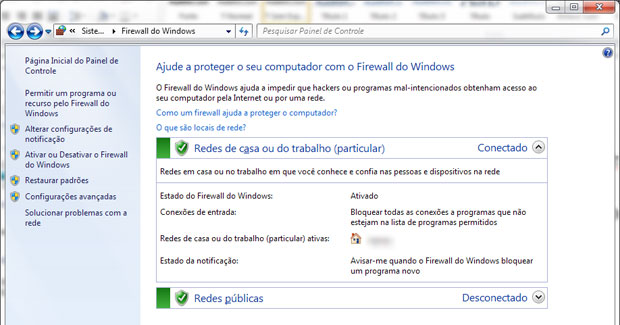 Configuração do firewall embutido no Windows 7 (Foto: Reprodução)