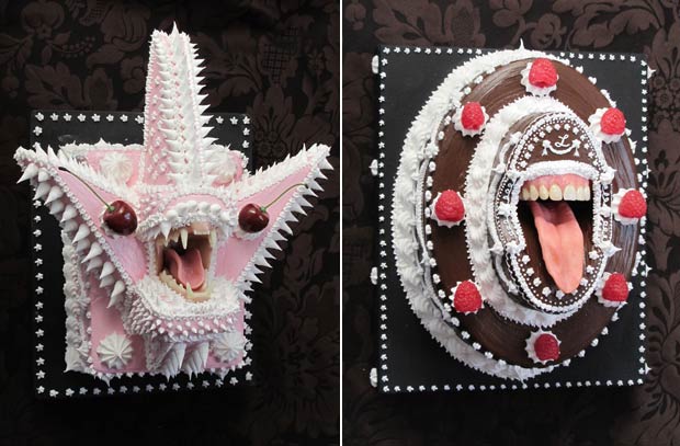 artista americano Scott Hove, de 42 anos, se especializou em criar obras assustadoras em formato de bolos em Oakland, no estado da Califórnia (EUA). No entanto suas criações apresentam aparência estranha, pois contam com dentes e até presas. (Foto: Scott Hove/Barcroft Media/Getty Images)