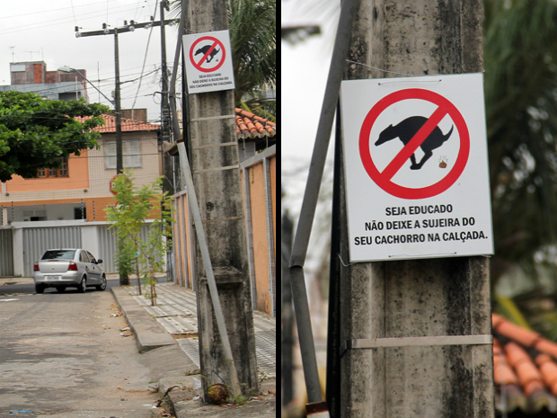 Um morador espalhou pelo menos 10 placas pelas ruas do Bairro Joaquim Távora, em Fortaleza, com a mensagem ''Seja educado. Não deixe a sujeira de seu cachorro na calçada''. As placas estão fixadas em postes ao longo das ruas. (Foto: Ilo Aguiar/G1)