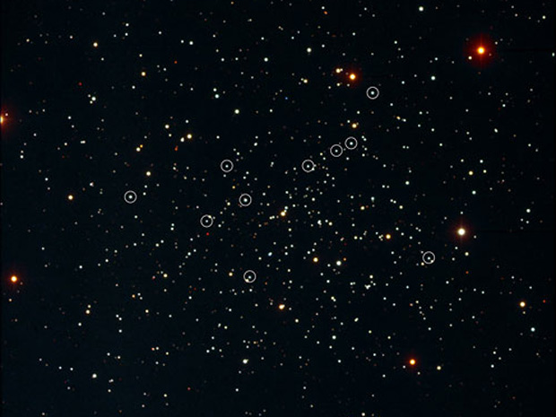 A imagem mostra o aglomerado estelar NGC 188 com as estrelas ‘vampiras’ circuladas (Foto: Noaa)