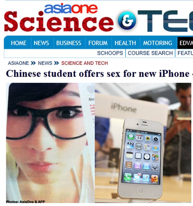 Chinesa ofereceu sexo em troca de iPhone 4S. (Foto: Reprodução)
