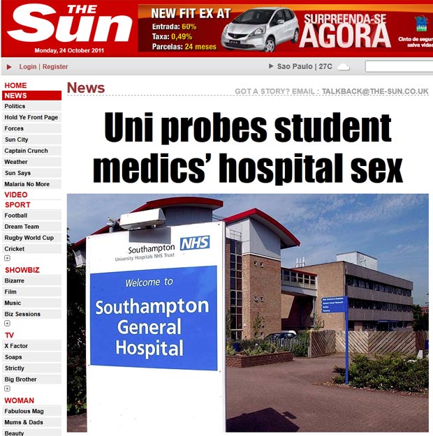 Estudantes de medicina foram flagrados por enfermeira realizando sexo oral. (Foto: Reprodução/The Sun)
