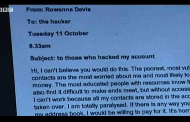 A mensagem da jornalista ao hacker (Foto: BBC)