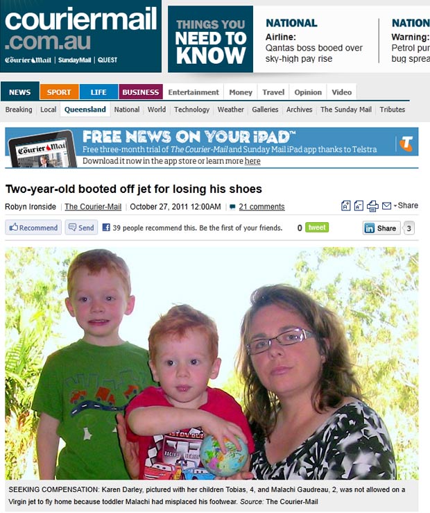 Karen Darley diz que companhia impediu família de embarcar porque filho de 2 anos estava sem sapatos. (Foto: Reprodução/Courier Mail)
