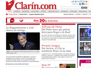 Tumor de Lula ganhou a manchete do site do "Clarín" (Foto: Reprodução)