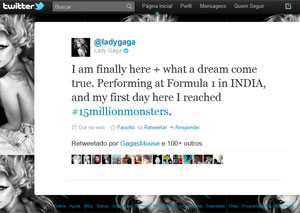 Lady Gaga comemorou no Twitter ao alcançar 15 milhões de seguidores (Foto: Reprodução)