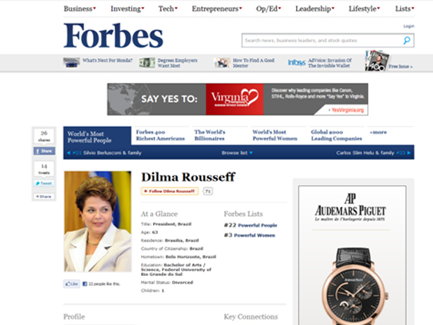 Reprodução do site da revista 'Forbes', com a indicação da posição de Dilma no ranking (Foto: Reprodução)