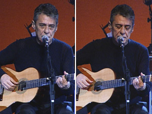 Chico Buarque, em dois momentos do ensaio no Palácio das Artes (Foto: Reprodução/TV Globo)