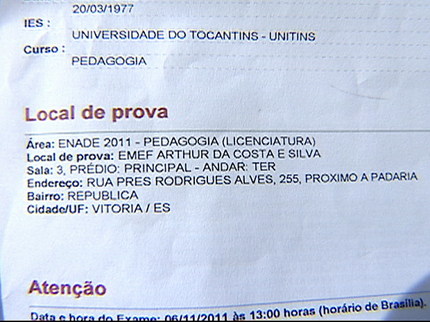 O cartão indicava um local de prova do Enade diferente do correto, em Vitória. (Foto: Reprodução/TV Gazeta)